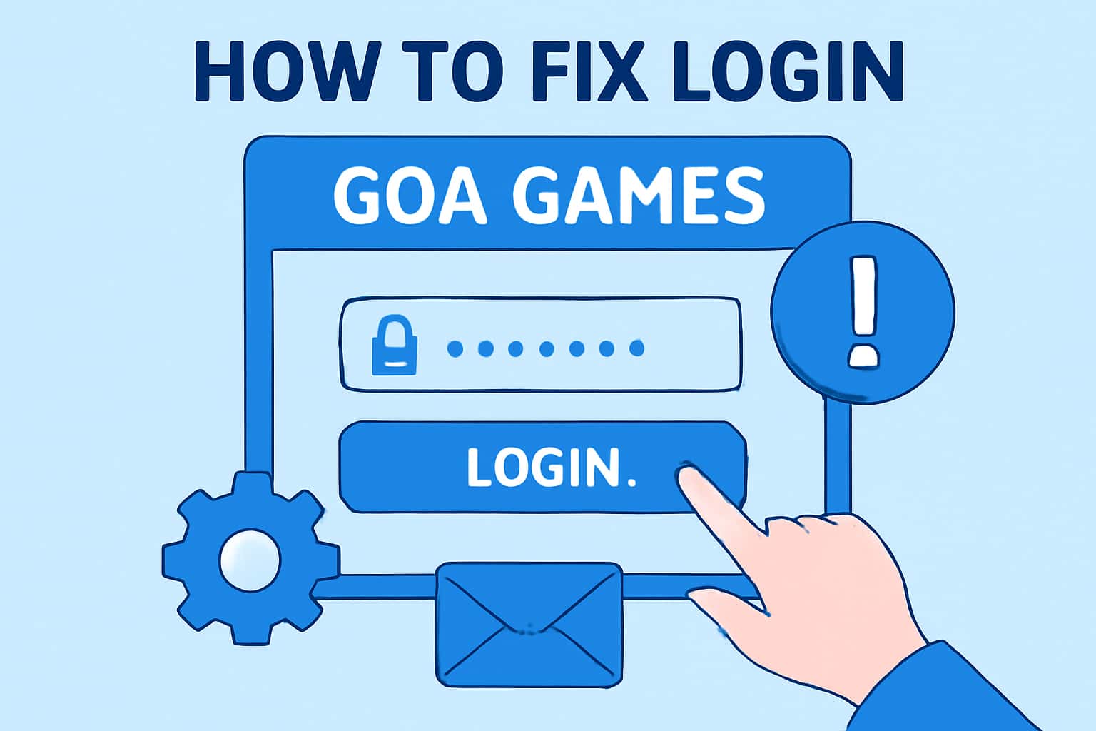 A comprehensive scene illustrating the process of fixing login issues for Goa Games.